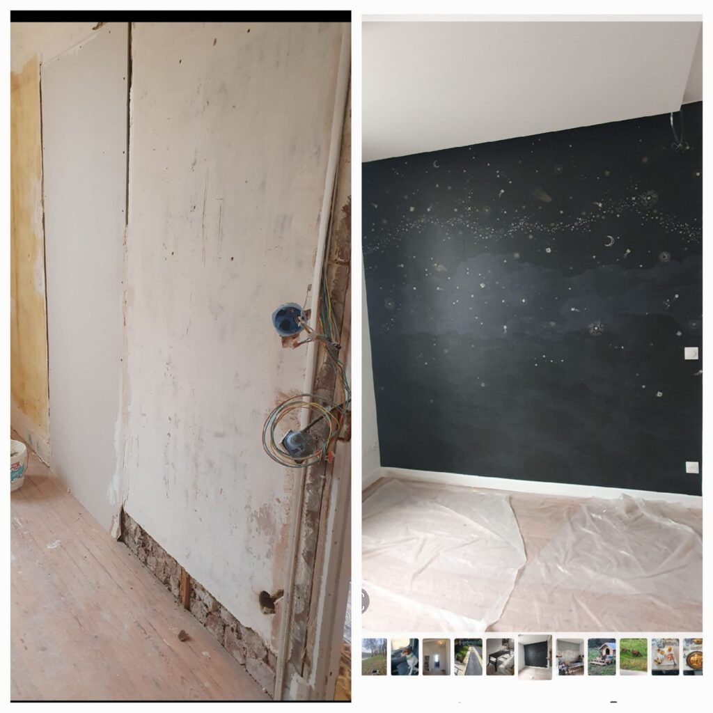 Avant-après mur décoratif peint en noir effet constellation - Peinture S.L