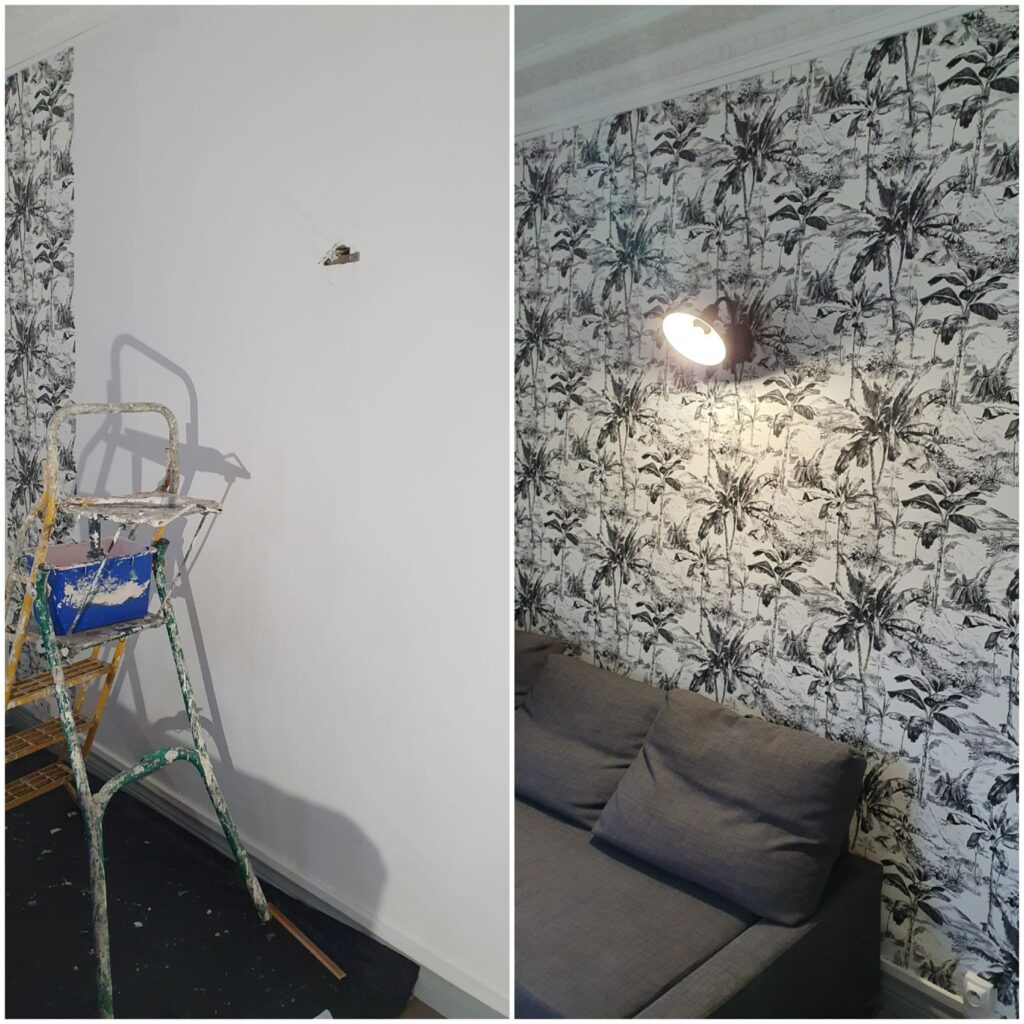 Avant-après pose de papier peint tropical noir et blanc dans un salon - Peinture S.L