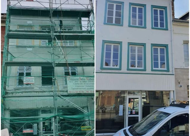 Avant-après ravalement de façade d'un immeuble de ville sur échafaudage - Peinture S.L